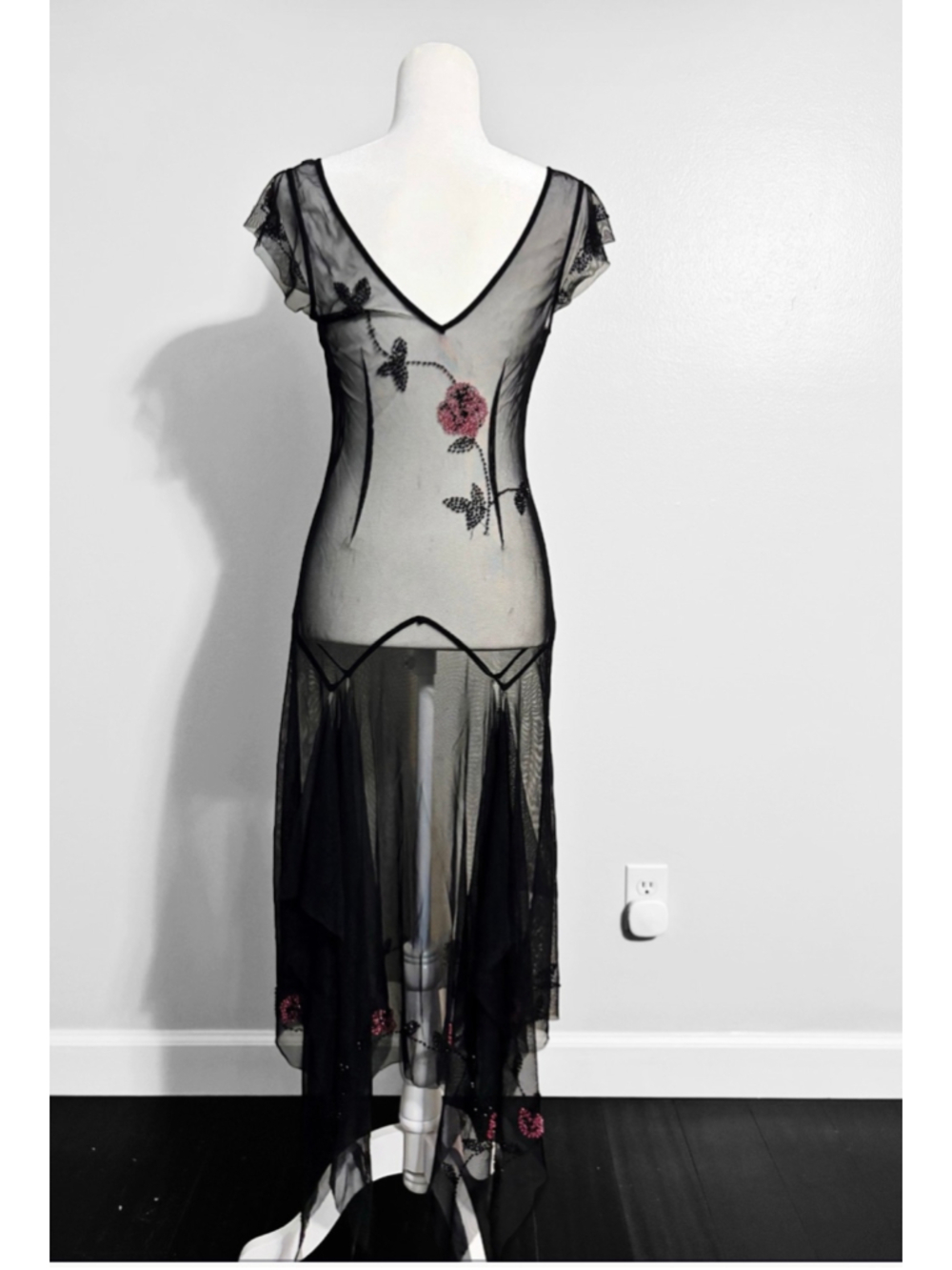 Vintage Rare Beaded Floral Mesh Maxi Midi Dress - Picture 4 of 5